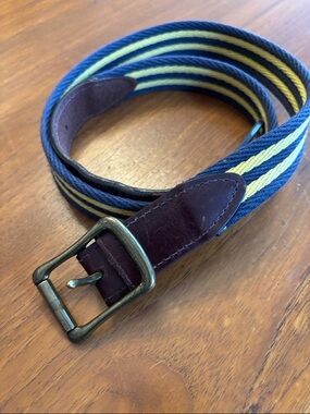 Men's Navy and Yellow Striped Canvas Belt with Brown Leather Trim